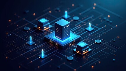 Conceptual illustration of a digital network, showcasing data transfer and information flow within a technological infrastructure, rendered in a futuristic style with glowing lights and intricate...