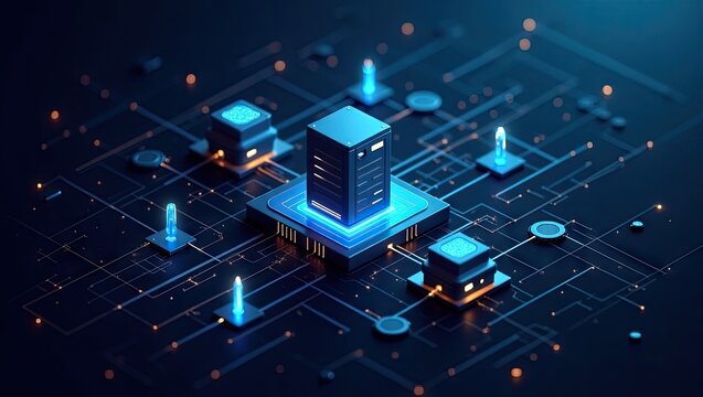 Conceptual illustration of a digital network, showcasing data transfer and information flow within a technological infrastructure, rendered in a futuristic style with glowing lights and intricate... - Powered by Adobe