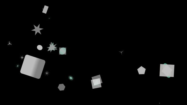 A captivating composition featuring a variety of geometric shapes, including squares, stars, pentagons, and hexagons, scattered across a stark black backdrop, creating a modern art piece