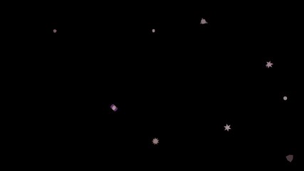 A scattering of geometric shapes creates a minimalist and abstract composition against a stark black backdrop, evoking a sense of cosmic mystery