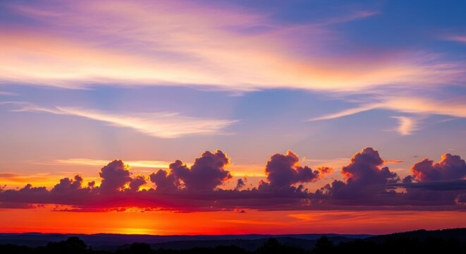 Dramatic sky panorama with fiery orange hues and wispy cloud formations at sundown