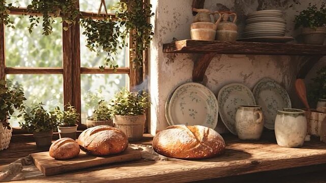 Rustic Kitchen Still Life - Fresh Bread, Window Light, and Vintage Charm.