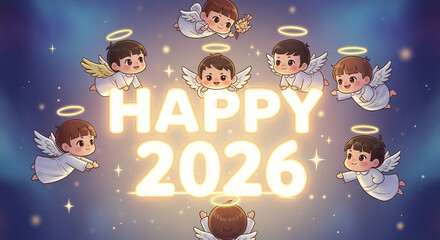 Charming cartoon angels with halos and wings celebrate a happy new year 2026, surrounded by glowing text and sparkling stars on a mystical dark background, perfect for wishes