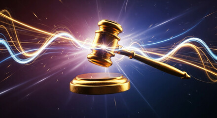 Powerful golden gavel strikes with justice and authority, electric energy flowing around, perfect for law firms, legal themes, and concepts of judgment and decisions