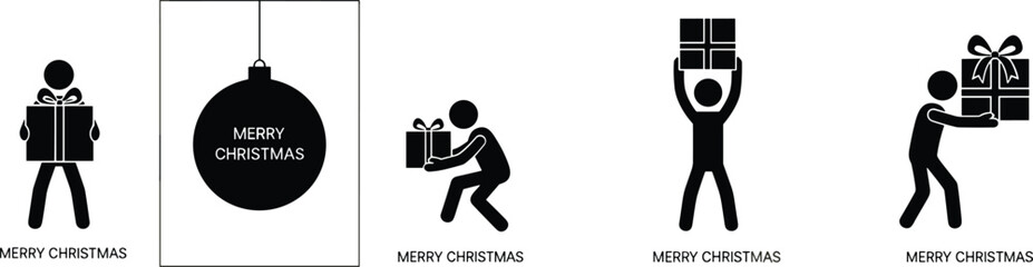 Christmas Gift Icon Set Featuring People Carrying Presents and Minimal Festive Ornament Designs