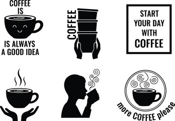 Coffee Illustration Set with Quotes, Cups, Steam and People Enjoying Their Morning Brew