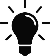 Black light bulb icon with radiating lines on white background idea innovation