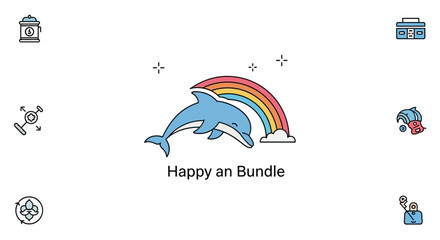 Fototapeta premium A cartoon image featuring a dolphin leaping over a rainbow with various icons around it.