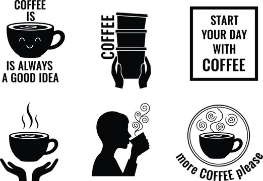 Coffee Illustration Set with Quotes, Cups, Steam and People Enjoying Their Morning Brew