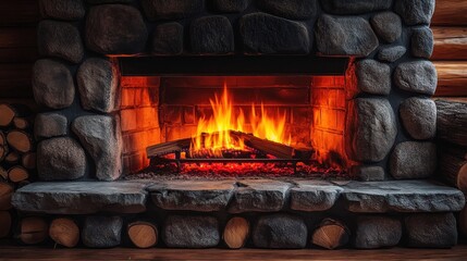 Cozy fireplace with burning wood