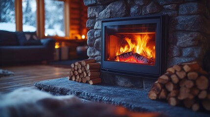 Cozy winter fireplace in log cabin