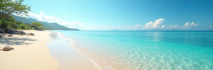 Serene coastal scene displays a vast expanse of shimmering turquoise water merging seamlessly with the clear blue sky above a sandy beach.