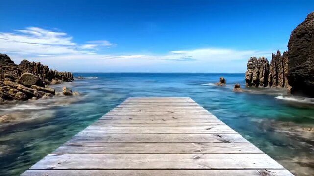 Coastal wooden pier extending to sea with dramatic rock formations and a vibrant blue sky