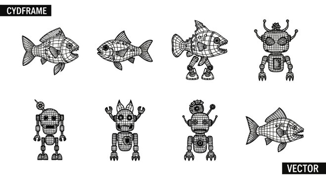 Whimsical robots and quirky fish characters, perfect for playful designs and creative projects evoking fun and innovation.