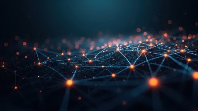Abstract representation of interconnected data points, illustrated with glowing orange spheres connected by blue lines, creating a network on a dark blue background with depth of field for visual...