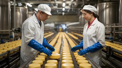 Skilled workers carefully inspect cheese wheels on a modern automated production line for quality assurance