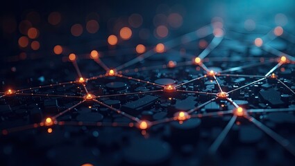Glowing orange lights connected by lines, creating a complex network on a dark, textured surface, resembling data flow or communication.