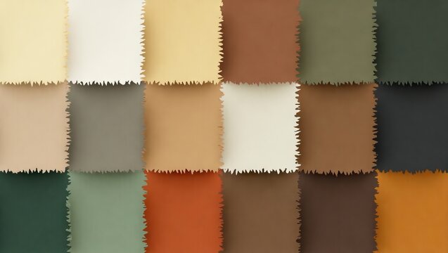 A patchwork of fabric swatches presents a variety of soft and earthy tones in a rectangular grid pattern, showcasing a palette of muted shades, including beige, green, brown, and orange, with a...