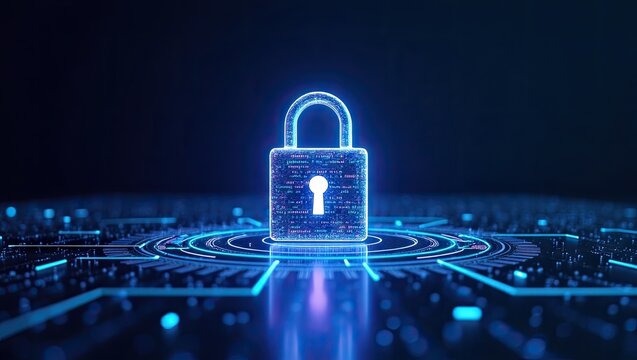 A glowing padlock symbol is centrally positioned, depicting data security and protection with intricate circuits arranged across a dark background, symbolizing digital safety through technological... - Powered by Adobe
