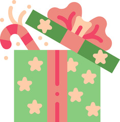 Flat icon of an open Christmas gift box with stars, ribbon and candy cane.