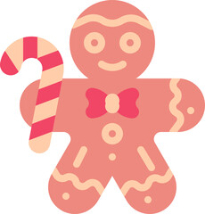 Flat icon of a gingerbread man holding a candy cane, festive Christmas treat.