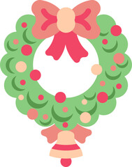 Flat icon of a decorative Christmas wreath with bow and ornaments.