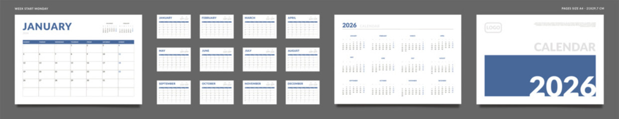 2026 Calendar Planner Set of Template grid Monthly Page, Cover with Place for Photo, Company Logo, Annual. Vector layout of wall or desk organizer calendar with week start Monday ready print. Pages A4