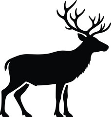 Black silhouette of a stag with large antlers standing on white background deer