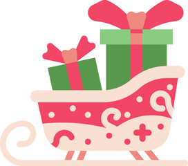 Flat icon of a festive sleigh filled with gift boxes, holiday delivery theme.