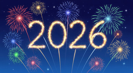 Vibrant 2026 sparkler numbers surrounded by a spectacular display of colorful fireworks bursting in a dark blue night sky, symbolizing new year celebrations and festive events
