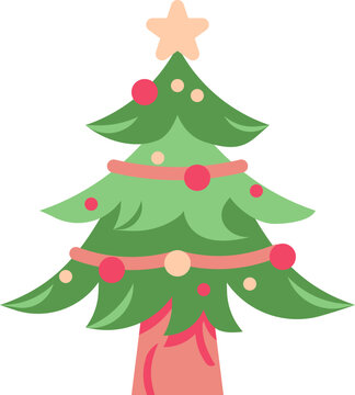 Flat icon of a decorated Christmas tree with ornaments and star on top.