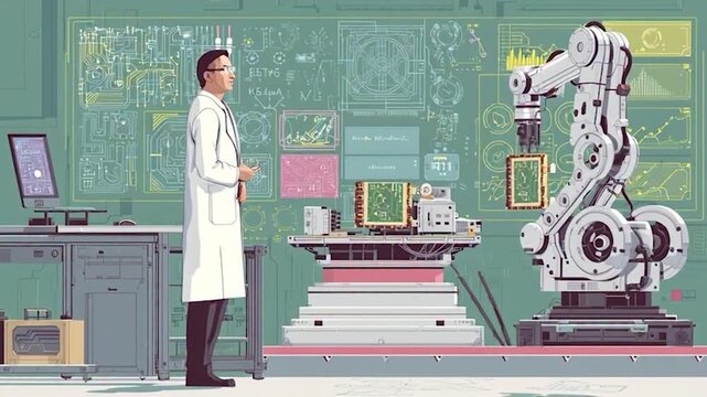 Scientist Oversees Robotic Arm Precision Work in Advanced Lab.