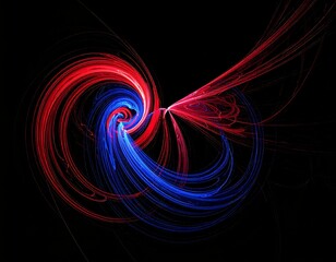 Spiraling abstract composition featuring vibrant red and blue light trails