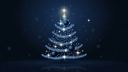 A festive digital illustration of an elegant, sparkling Christmas tree created from glowing lights on a dark blue background