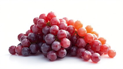 Fototapeta premium Fresh and vibrant bunch of red grapes, showcasing a spectrum of hues from deep violet to light orange, is presented on a bright white background.