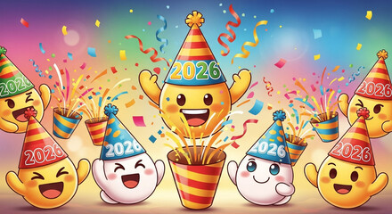 Joyful cartoon characters in festive 2026 party hats celebrate the new year with colorful confetti and streamers, creating a vibrant and cheerful celebration scene