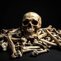 Still life of a human skull atop a pile of scattered bones