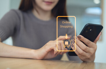 E-commerce, online shopping, social media marketing concept. Woman using mobile phone for online shopping and payment via mobile app. global business, platform sale and promotion