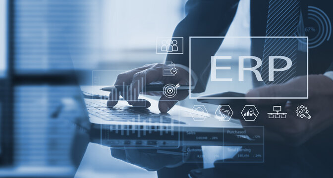 ERP, Enterprise Resource Planning concept. Business man working on laptop using software connecting data to access HR management. Business resources plan to manage company enterprise resource.
