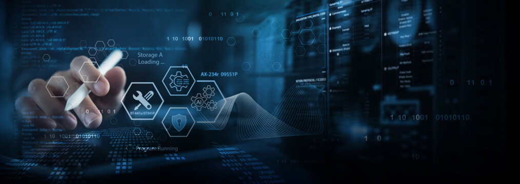 IT support, customer service concept. Computer engineer, technician coding on laptop computer connection with big data storage as backgrounds, digital technology, database, data management