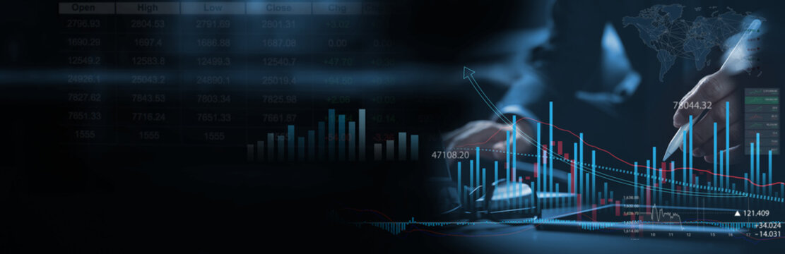 Stock market analysis, business, finance and investment. Finance analyst analyzing stock market trading graph, economic growth chart, planning and strategy, business investment with financial report - Powered by Adobe