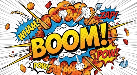 Dynamic comic book explosion with radiating speed lines and explosive onomatopoeia