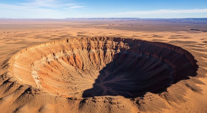 A vast, arid desert landscape with a large, circular crater in the center. - Powered by Adobe