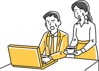 パソコン画面を青ざめた目で見る男女