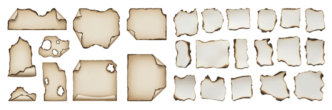 Set of vintage aged paper scraps with burnt edges and curled corners isolated on white background
