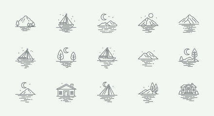 Serene minimalist icons capture tranquil nature scenes mountains sailboats trees moon and houses perfect for modern design projects seeking peace