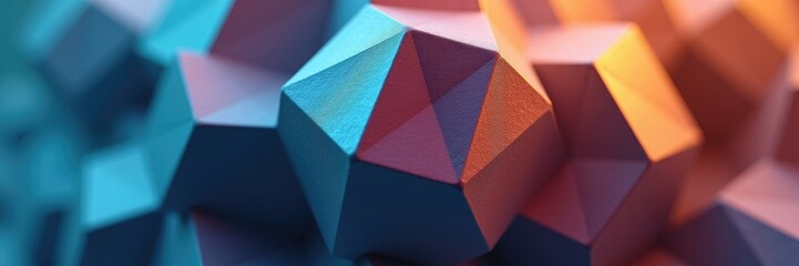 Geometric abstract composition featuring a cluster of polygonal shapes, each illuminated with gradients of teal, pink, and orange hues, forming a dynamic and modern visual texture.