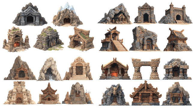 A dramatic collection of fantasy cave entrances and ancient stone temples featuring rocky gateways, firelit interiors, mountain structures, and rustic mystical architecture.