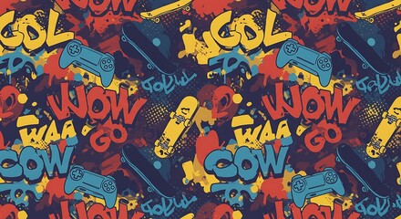 Energetic graffiti-style pattern, vibrant colors, including skateboards and game controllers