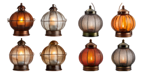 Vintage style bronze lanterns in various glass textures and colors isolated on transparent background
